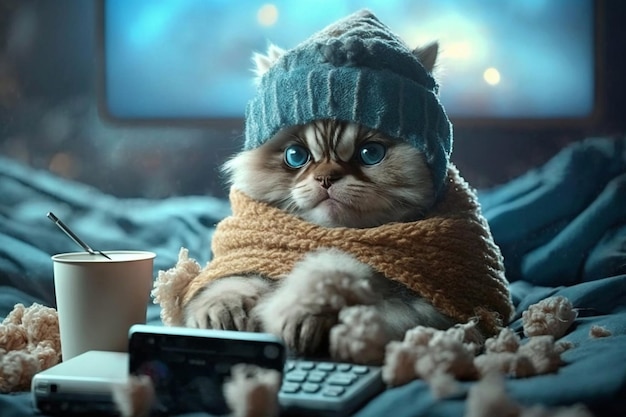 Adorabile gatto seduto in una soffice coperta e un cappello caldo Generative Ai