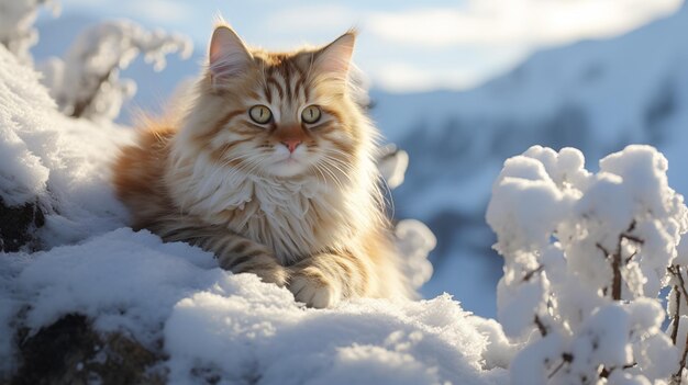 Adorabile ginger gatto peloso giace sulla neve in un bellissimo paesaggio invernale