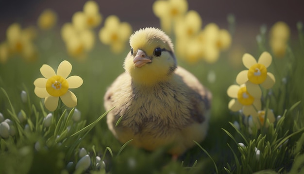 Adorabile giovane pulcino su un campo di fiori di primavera