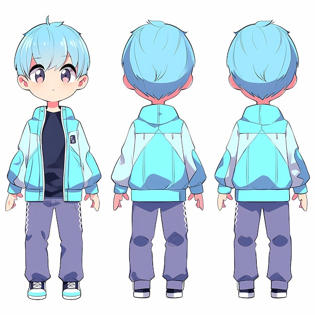 Adorabile Kawaii Chibi Anime Character Model Sheet Art in simpatico stile cartone animato giapponese