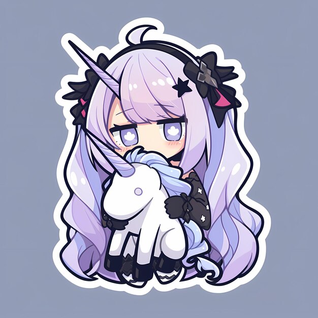 Adorabile Kawaii Illustrated Chibi Anime Unicorn Girl Vector Art Sticker con linea in grassetto e carino