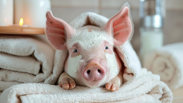 Adorabile maiale spa pig carino e coccolato maiale godendo di rilassanti trattamenti spa una scena affascinante e deliziosa di benessere animale e indulgenza perfetto per mostrare relax e carino