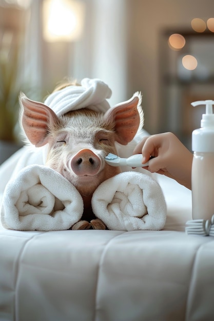 Adorabile maiale spa pig carino e coccolato maiale godendo di trattamenti spa rilassanti un affascinante e delizioso