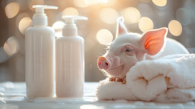 Adorabile maiale spa pig carino e coccolato maiale godendo di trattamenti spa rilassanti un affascinante e delizioso