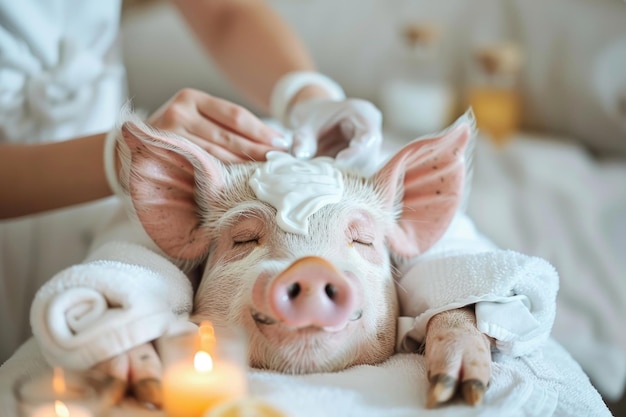 Adorabile maiale spa pig carino e coccolato maiale godendo di trattamenti spa rilassanti un affascinante e delizioso