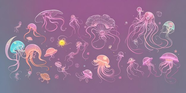 Adorabile medusa stilizzata Una collezione di personaggi alieni dei cartoni animati