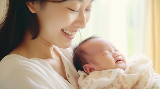 Adorabile neonato sorridi e rilassati nel braccio della madre sicurezza e comodità