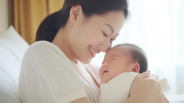 Adorabile neonato sorridi e rilassati nel braccio della madre sicurezza e comodità