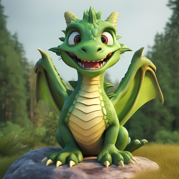 Adorabile personaggio dei cartoni animati del drago verde seduto con un sorriso amichevole perfetto per le storie per bambini