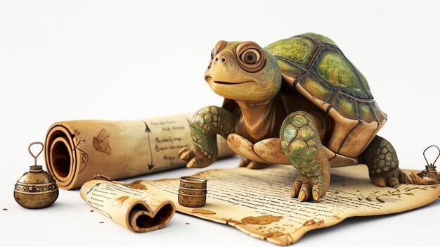 Adorabile personaggio di tartaruga 3D trasformato in un esperto storico antico circondato da rotoli e manufatti antichi questa affascinante immagine di stock unisce carino e intelligenza