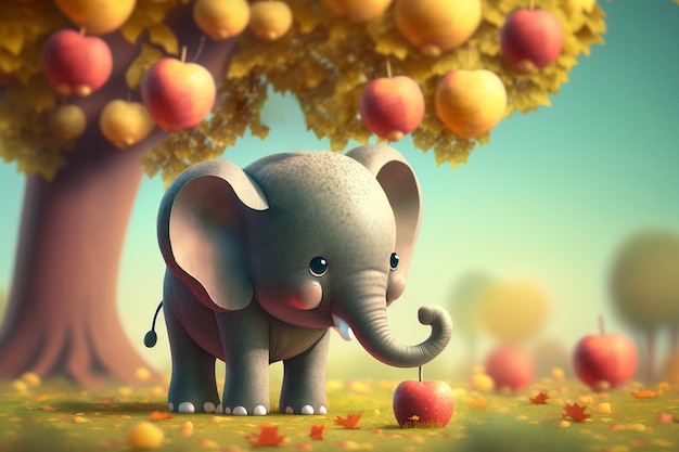 Adorabile piccolo elefante sotto un albero di mele con una mela