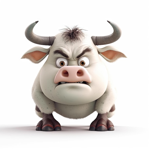 Adorabile PixarStyle Angry Bull con grandi occhi su sfondo bianco