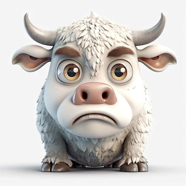 Adorabile PixarStyle Angry Bull con grandi occhi su sfondo bianco