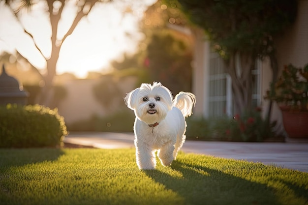 Adorabile posa maltese con un'espressione giocosa