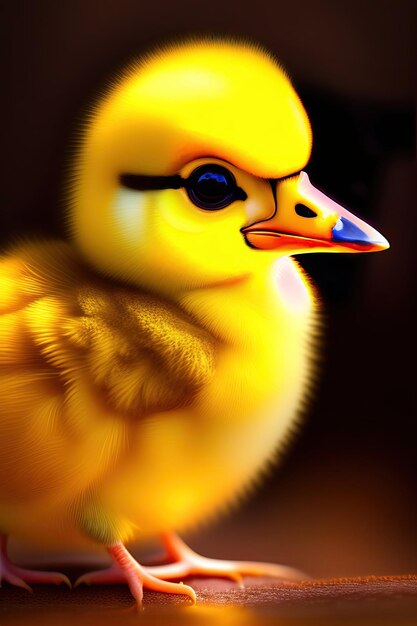 Adorabile pulcino d'anatra su sfondo giallo uccello peloso con un'espressione carina