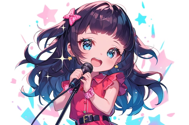 adorabile ragazza anime con lunghi capelli neri che canta in un microfono su sfondo bianco
