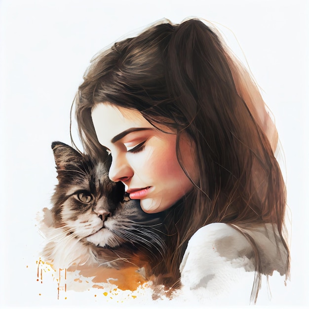 Adorabile ragazza che stringe a sé con un gatto su sfondo bianco