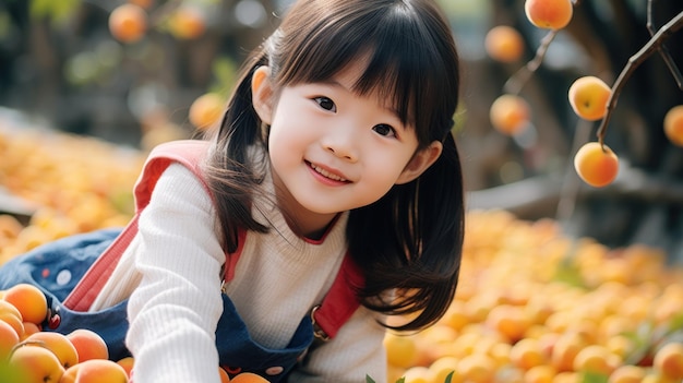 Adorabile ragazza giapponese che si arrampica su un tranquillo albero autunnale Generato dall'intelligenza artificiale