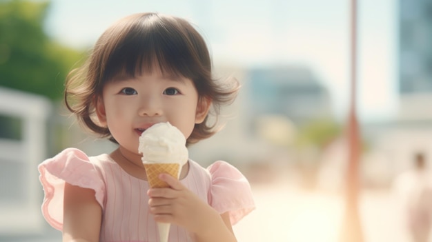 Adorabile ragazza giapponese che si gode il gelato all'aperto Generato dall'intelligenza artificiale