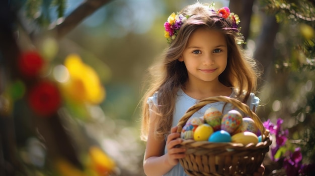 Adorabile ragazzina che tiene un cesto di colorate uova di Pasqua in un giardino soleggiato