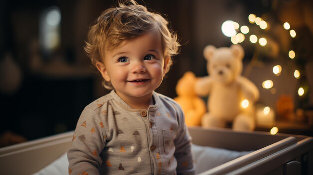 adorabile ragazzino in costume d'orso con un orsacchiotto