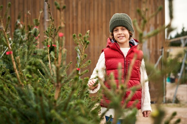 Adorabile ragazzo in vestiti caldi e cappello in piedi vicino a verdi alberi di Natale e recinzione in legno mentre guarda la macchina fotografica in campagna