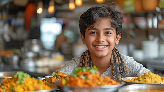 Adorabile ragazzo indiano adolescente vestito tradizionalmente che mangia una ricca colazione a casa mentre sorride ampiamente al tavolo della cucina