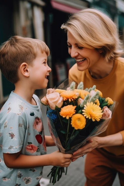 Adorabile ragazzo sorprendente mamma con fiori generativi ai
