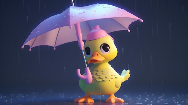 Adorabile rendering 3D stilizzato di un'anatra di cartone animato che tiene un ombrello sotto la pioggia in un simpatico ritratto di concetto di fantasia