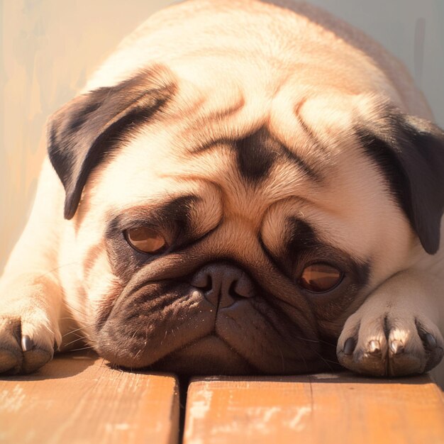 Adorabile rilassamento Close-up di un cane pug sul pavimento di legno Per i social media Post Size