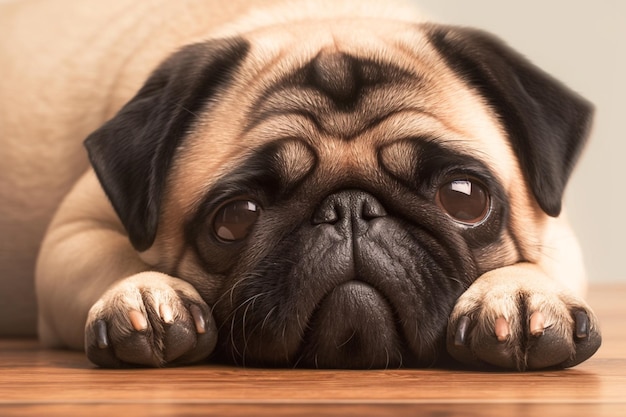 Adorabile rilassamento Close Up di un cane pug sul pavimento di legno