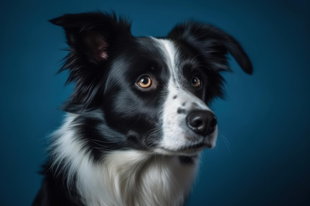 Adorabile ritratto di un border collie adulto sano e felice in bianco e nero nello studio fotografico sullo sfondo blu