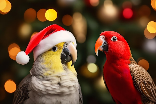 Adorabile uccello d'amore e pappagallo che indossa il cappello rosso di Babbo Natale albero di Natale sullo sfondo AI generativa