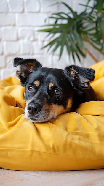 Adorabili cani di razza mista sdraiati su un letto giallo sguardo attento carta da parati mobile verticale