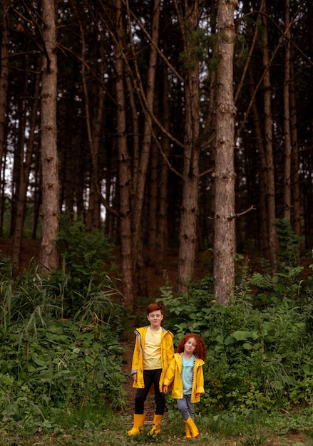 Adorabili fratellini con i capelli rossi in piedi nei boschi di abeti