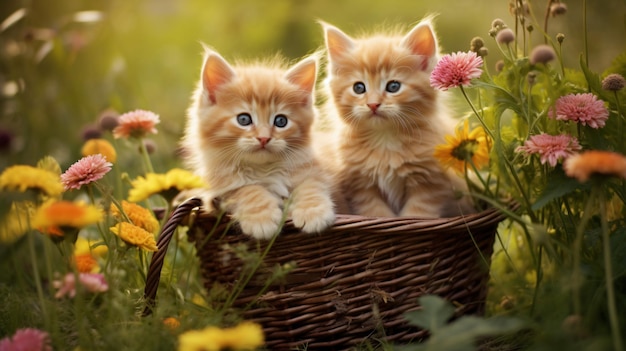 Adorabili gattini in un cestino Sfondo di erba