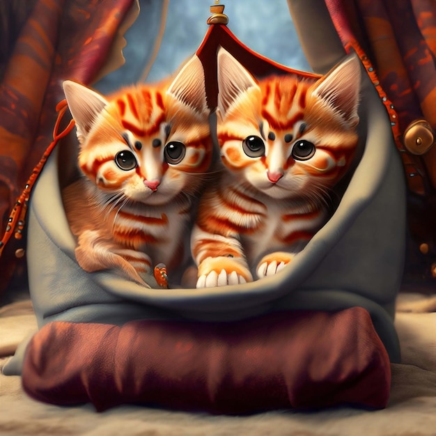 Adorabili gattini rossi steampunk 3d rannicchiati insieme in un'accogliente fortezza coperta