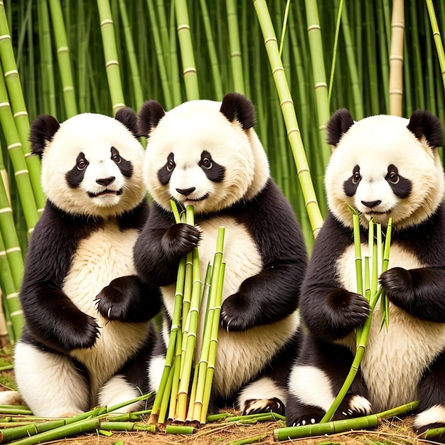 adorabili panda che si godono un delizioso banchetto di bambù