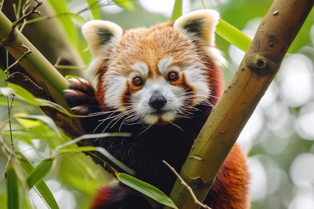 Adorabili pandas rossi che si arrampicano sugli alberi nelle foreste di bambù Scena affascinante di pandas rosse che navigano giocosi nelle foreste Di bambù