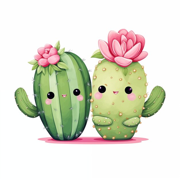 Adorabili personaggi di cactus ad acquerello con rose rosa in fiore perfetti per disegni carini e creativi