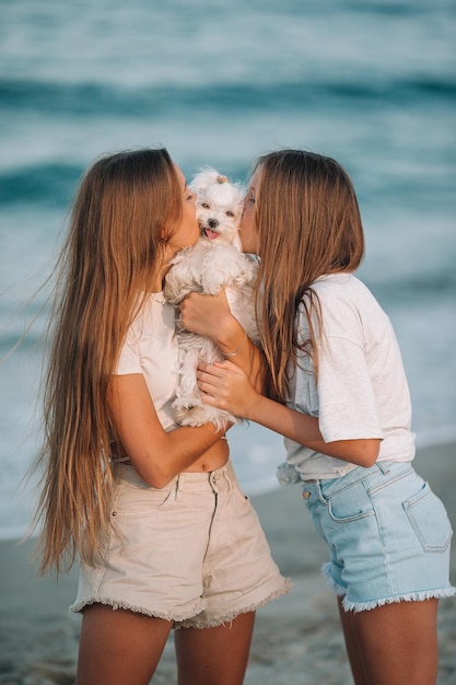 Adorabili ragazze e il loro cucciolo bianco sulla spiaggia al tramonto belle ragazze adolescenti sul mare