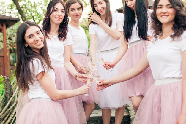 Adorabili ragazze in piedi in cerchio con la giovane sposa, sorridente, con in mano bicchieri di champagne. Addio al nubilato con bellissime damigelle in gonne di tulle rosa