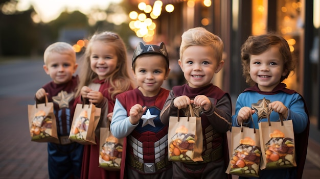 Adorabili scherzetti in graziosi costumi da supereroe che tengono in mano i loro sacchetti di caramelle