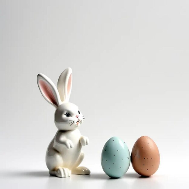 Adorabili uova di ceramica del coniglietto di Pasqua su uno sfondo bianco pulito