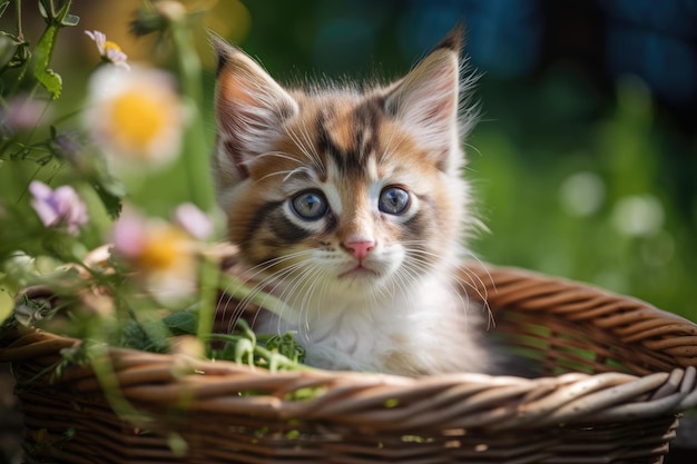 Adorabilmente adorabile gattino in un cestino sul prato lussureggiante