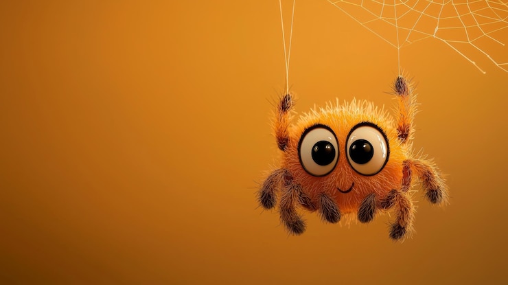 Photo adorable cartoon spider happily hangs on a web against an orange background bringing joy and whimsy to designs perfect for halloween cards posters or any playful project