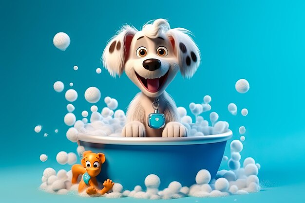 Adorable Puppy in Shampoo Foam Dog Wash Generative AI