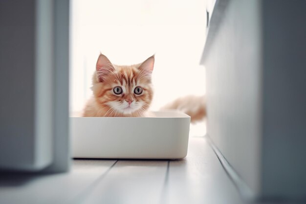 Adozione di animali domestici piccolo gattino rosso seduto in una cassetta del bagno per gatti luce solare vicino alla finestra con spazio di copia IA generativa