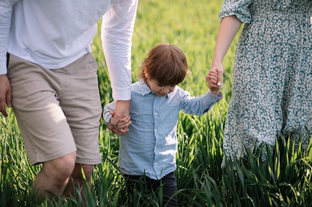 Adozione e concetto di infanzia felice, papà, mamma e figlio che si tengono per mano e camminano sull'erba verde