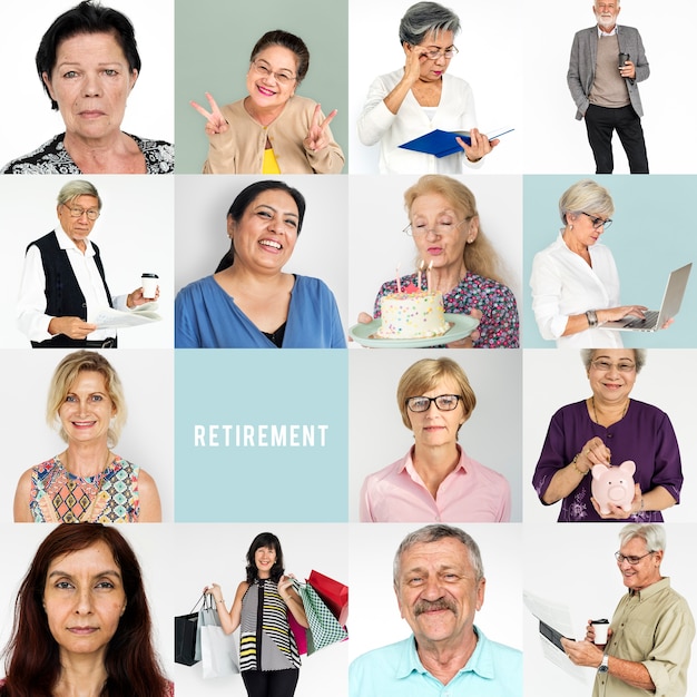 Adulto maggiore che gode del collage del ritratto dello studio di vita di pensionamento
